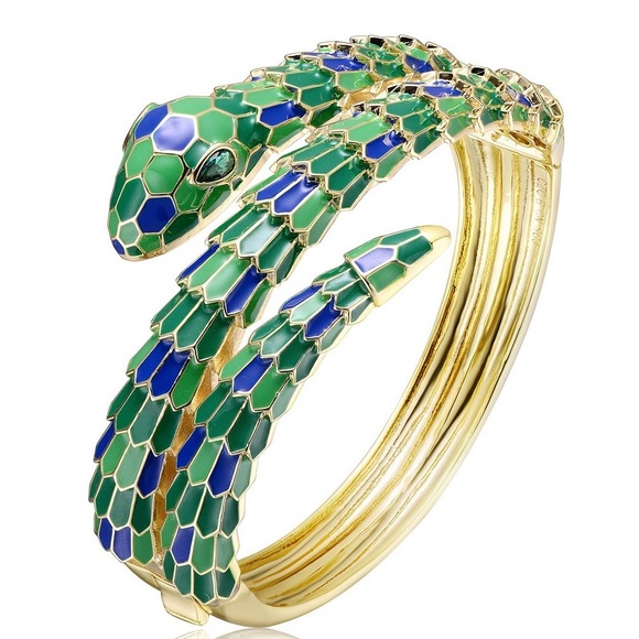 Rachel Glauber Jewelry - Rachel Glauber 14K Gold Plated W/ Green/Blue Cubic Zirconia 3D Serpent Bracelet